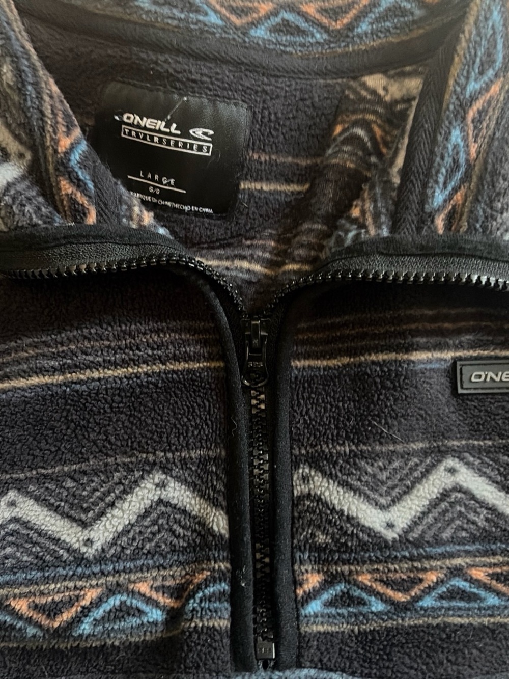 O'Neill Black Fleece Half-Zip Sweater with Blue & Gray Pattern